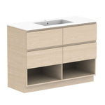 ADP Glacier Lite floor standing vanity with cast marble top, light wood finish, two drawers and open shelf, 1200mm centre bowl