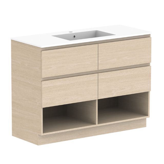 ADP Glacier Lite floor standing vanity with cast marble top, light wood finish, two drawers and open shelf, 1200mm centre bowl