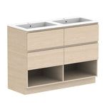 ADP Glacier Lite floor standing vanity with cast marble top, light timber finish, twin drawers and open shelf, 1200mm double bowl