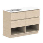 ADP Glacier Lite floor standing vanity, 1200mm, left bowl, cast marble top, light woodgrain finish with open shelf and drawers