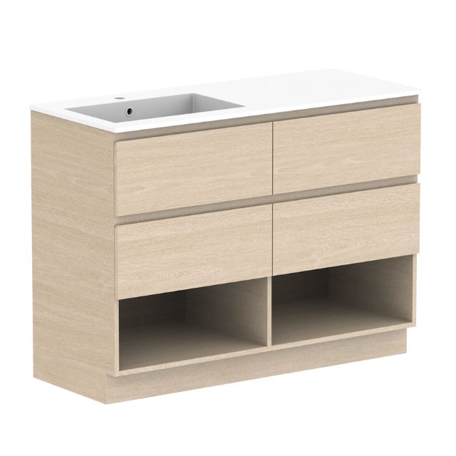 ADP Glacier Lite floor standing vanity, 1200mm, left bowl, cast marble top, light woodgrain finish with open shelf and drawers
