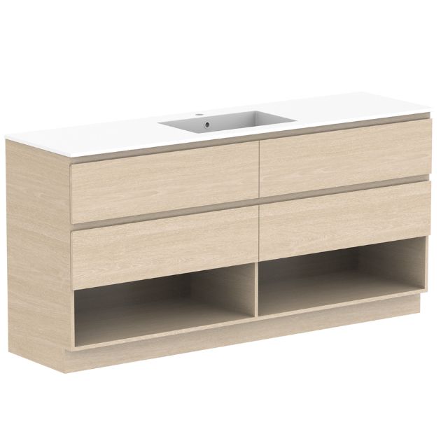 ADP Glacier Lite floor standing vanity, beige woodgrain finish with white cast marble top and centre bowl, angled view