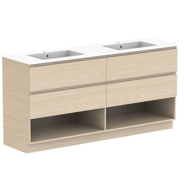 ADP Glacier Lite floor standing vanity with cast marble top, 1500mm double bowl, beige woodgrain finish and open shelf