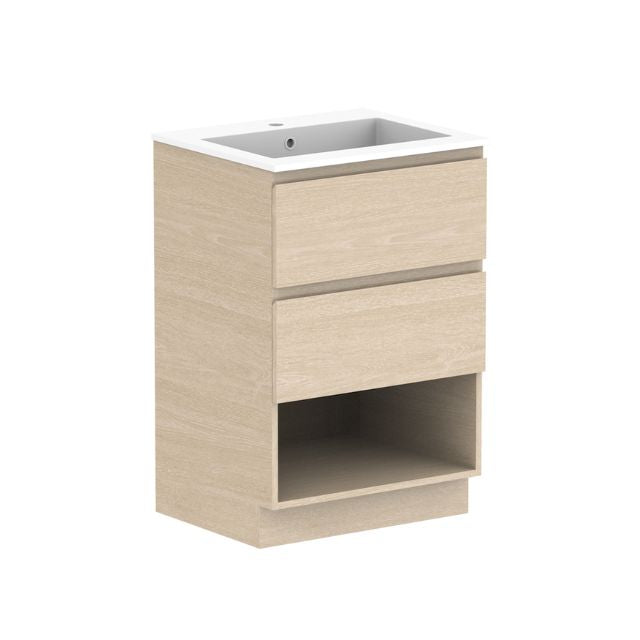 ADP Glacier Lite floor standing vanity with cast marble top, light woodgrain finish, centre bowl and open shelf￼