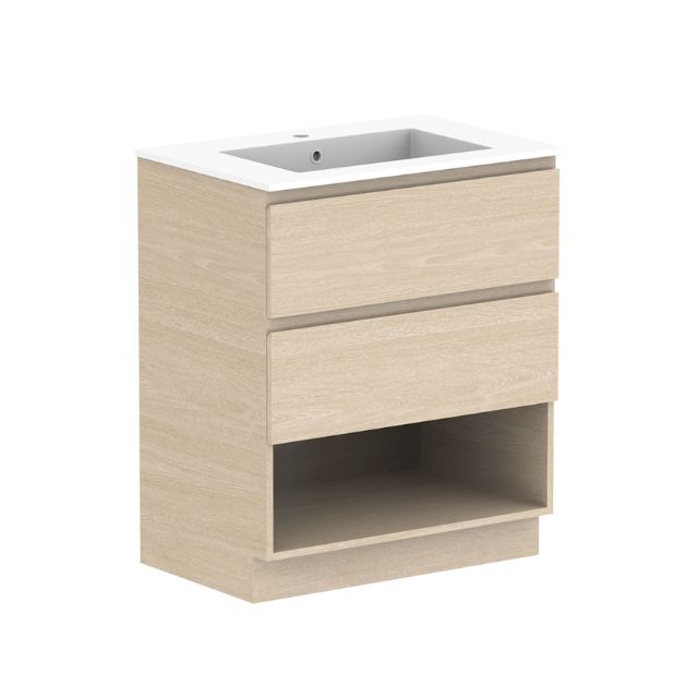 ADP Glacier Lite floor-standing vanity in light woodgrain, with cast marble top, single bowl, drawers and open shelf