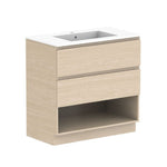 ADP Glacier Lite floor standing vanity, light woodgrain finish, white cast marble top, centre bowl, drawers and open shelf