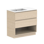 ADP Glacier Lite floor standing vanity with cast marble top, light wood finish, left bowl, drawers and open shelf