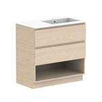 ADP Glacier Lite floor standing vanity with white cast marble top, 2 drawers and open shelf, beige woodgrain finish, right bowl