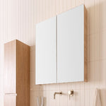 ADP Glacier Lite mirrored shaving cabinet with 2 doors, white front and timber side, wall mounted above basin