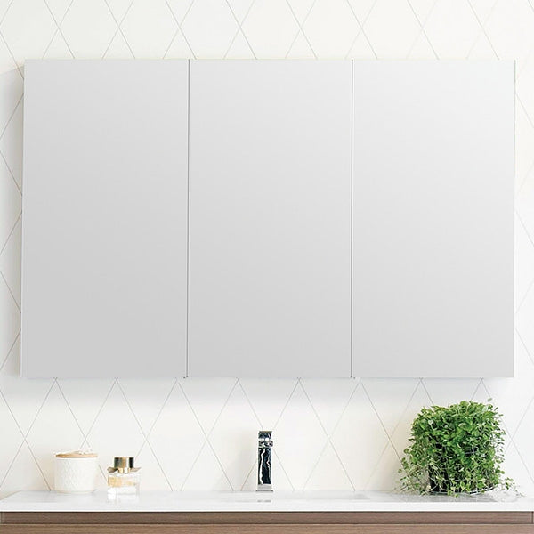 ADP Glacier Lite shaving cabinet in white, wall-mounted above a vanity with three mirrored doors and rectangular profile