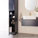 ADP Glacier Pro Shelf Tallboy in Oxford Silk Matte, floor standing bathroom storage cabinet with brushed brass handles and open shelves
