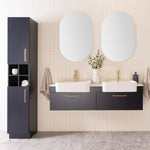 ADP Glacier Pro Shelf Tallboy in dark matte finish, floor-standing bathroom cabinet with open shelves and brass handles beside double vanity