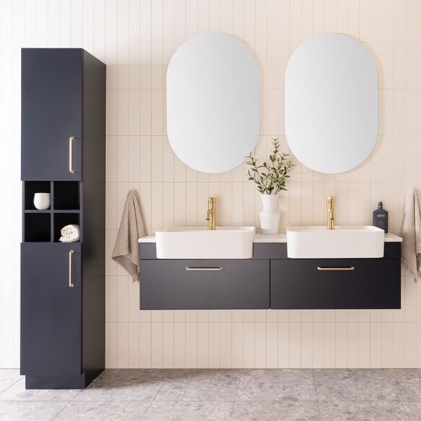 ADP Glacier Pro Shelf Tallboy in dark matte finish, floor-standing bathroom cabinet with open shelves and brass handles beside double vanity