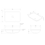 ADP Glory under counter basin technical drawing, white rectangular solid surface sink with dimensions and waste centre marked
