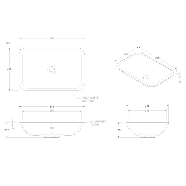 ADP Glory under counter basin technical drawing, white rectangular solid surface sink with dimensions and waste centre marked