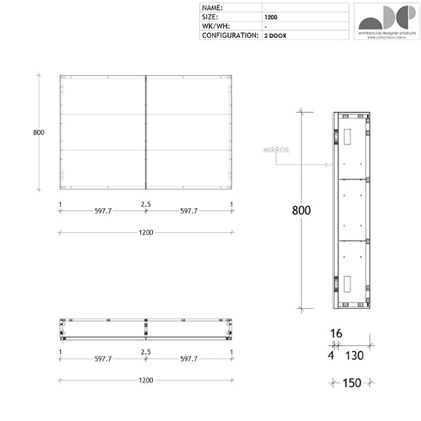 ADP Gloss Silk 1200mm shaving cabinet technical drawing, rectangular 2-door mirror cabinet with 800mm height and 150mm depth