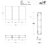 ADP 1200mm 3-door shaving cabinet technical drawing, rectangular mirror cabinet with 800mm height and 150mm depth