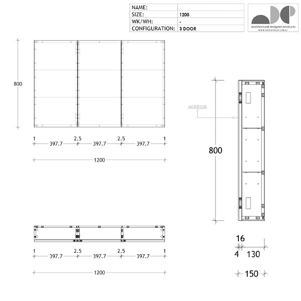ADP 1200mm 3-door shaving cabinet technical drawing, rectangular mirror cabinet with 800mm height and 150mm depth
