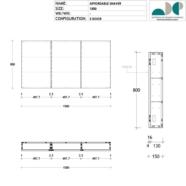 ADP 1500mm 3-door shaving cabinet technical drawing with mirror front, rectangular shape and 800mm high dimensions