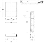 ADP 600mm 2 door shaving cabinet technical drawing, showing front and side views with 800mm high and 150mm deep dimensions