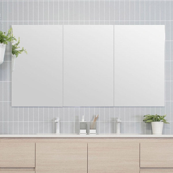ADP Gloss Silk white rectangular shaving cabinet above vanity in bathroom setting, with three mirror doors and light grey tiled wall