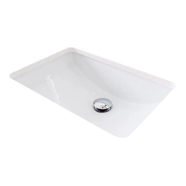 ADP Gravity white rectangular under counter bathroom basin with chrome waste hole in angled view