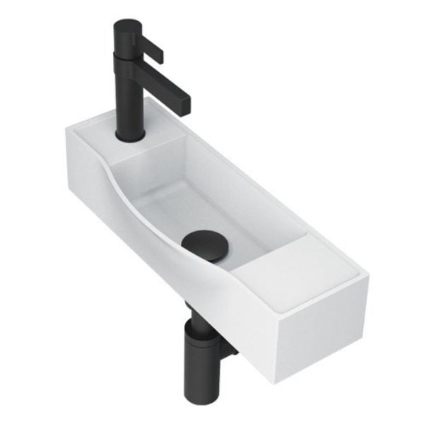 ADP Halo wall hung basin, gloss white solid surface, rectangular compact basin with left tap hole and black mixer