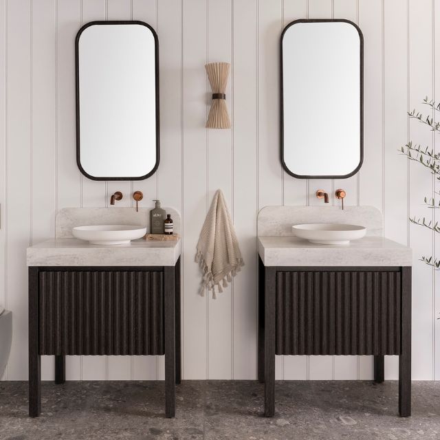 ADP Harper floor standing vanity with legs and Durasein benchtop, shown as twin bathroom vanities with round basins and mirrors