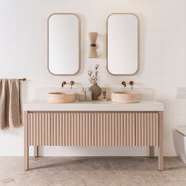 ADP Harper floor standing vanity with Caesarstone top, fluted woodgrain finish and two round basins in a bathroom setting