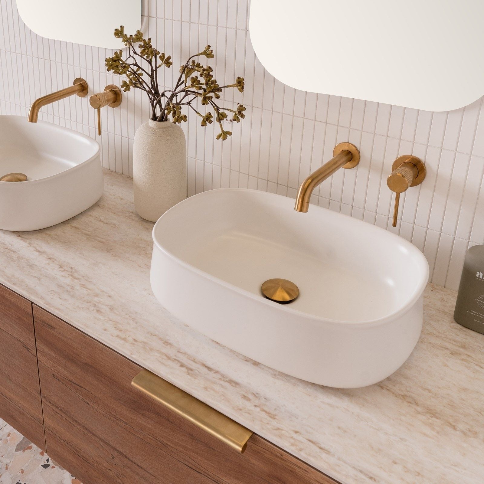 ADP Hewitt gloss white rectangular above-counter basin on marble vanity, shown in bathroom lifestyle setting