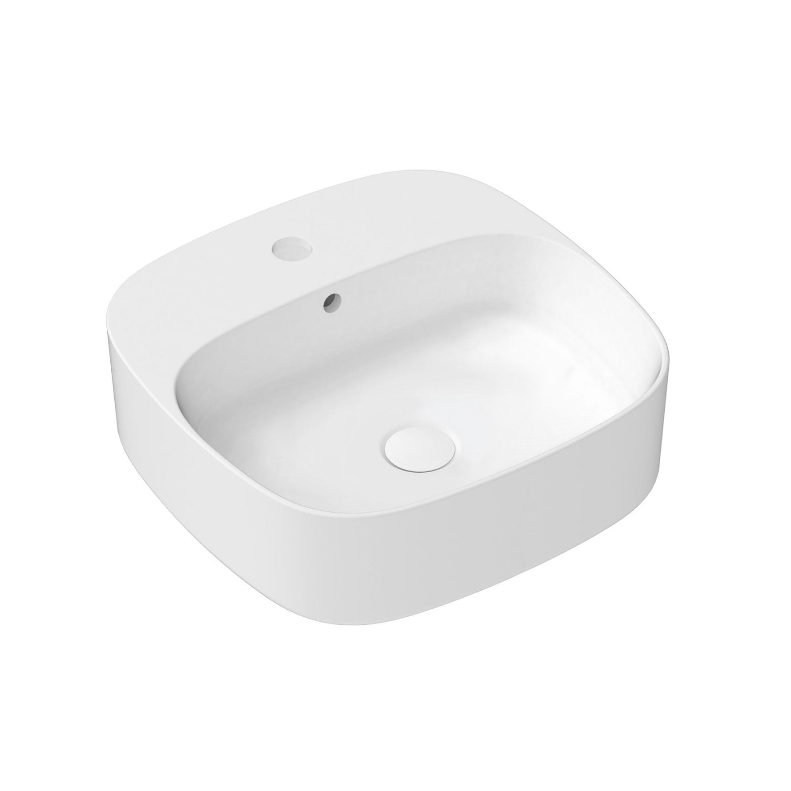 ADP Jill square gloss white above counter basin with 1 tap hole, shown angled on white background