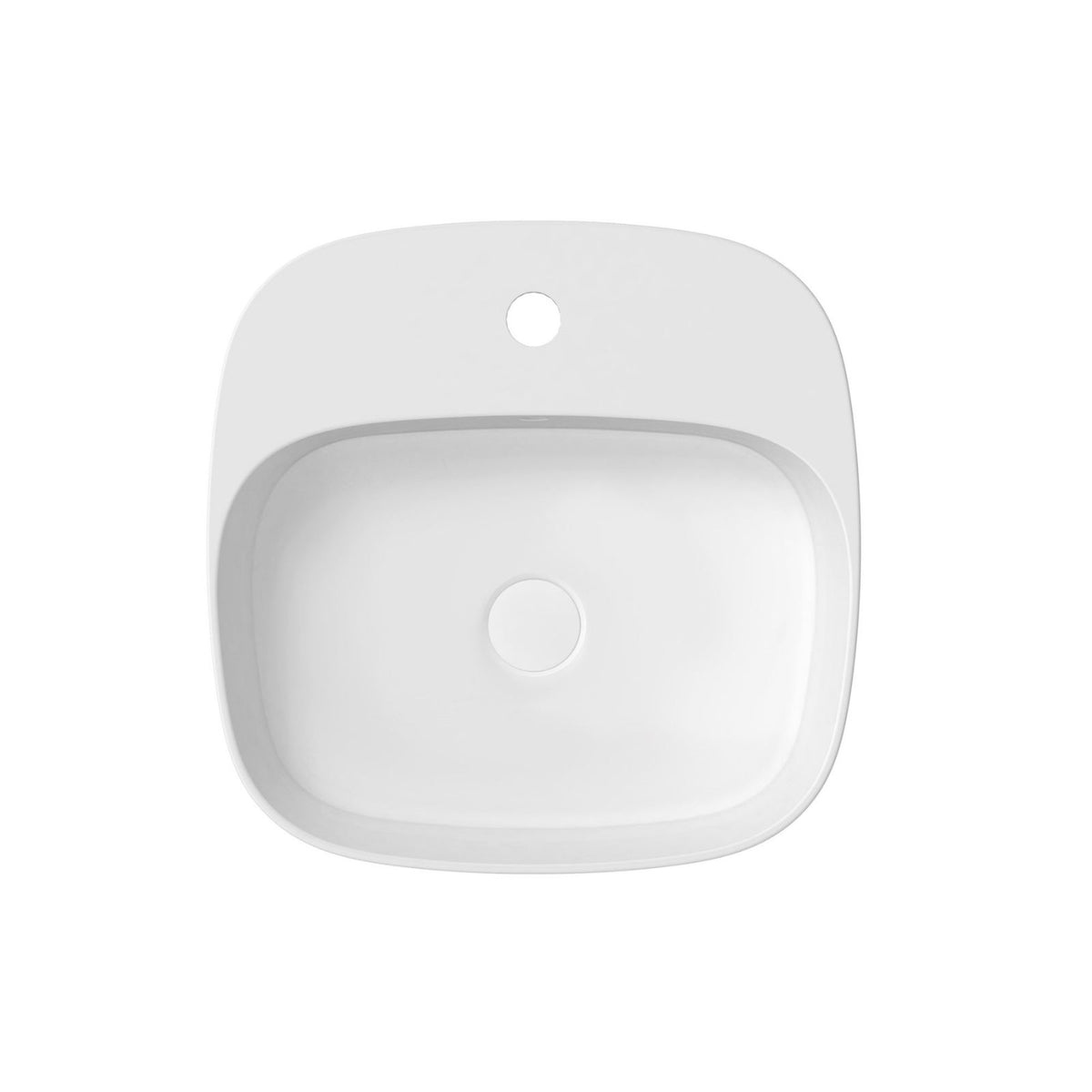 ADP Jill square above counter basin in matte white ceramic with 1 tap hole, shown from above on white background