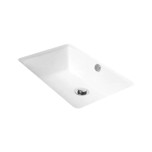 ADP Link white ceramic rectangular under counter basin with overflow, shown at an angle on white background