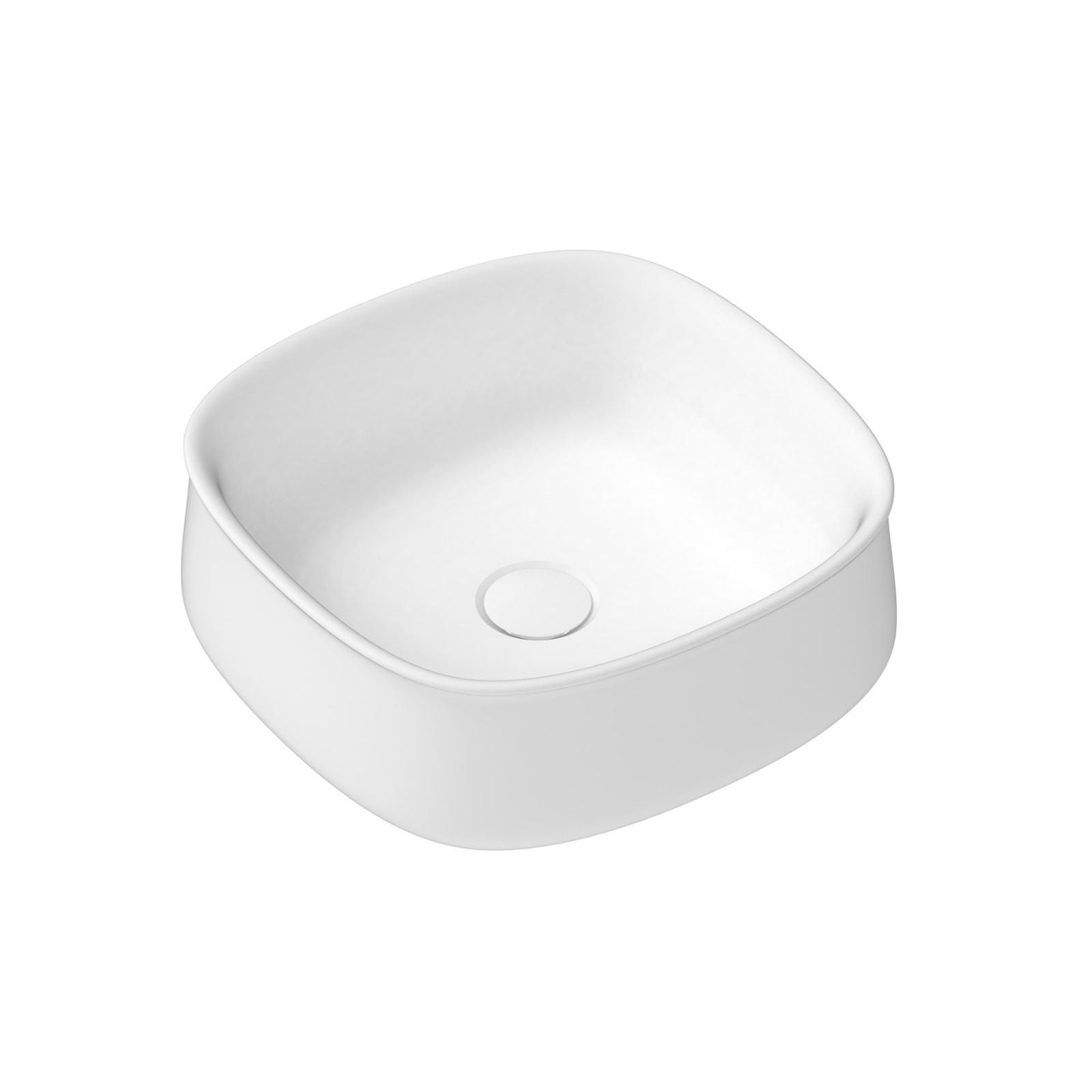 ADP Love matte white square above counter ceramic basin, no tap hole, shown from above on white background