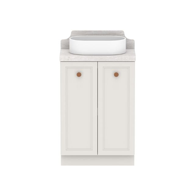 ADP Mabel floor standing vanity with cherry pie solid surface benchtop, white double doors and round basin, front view