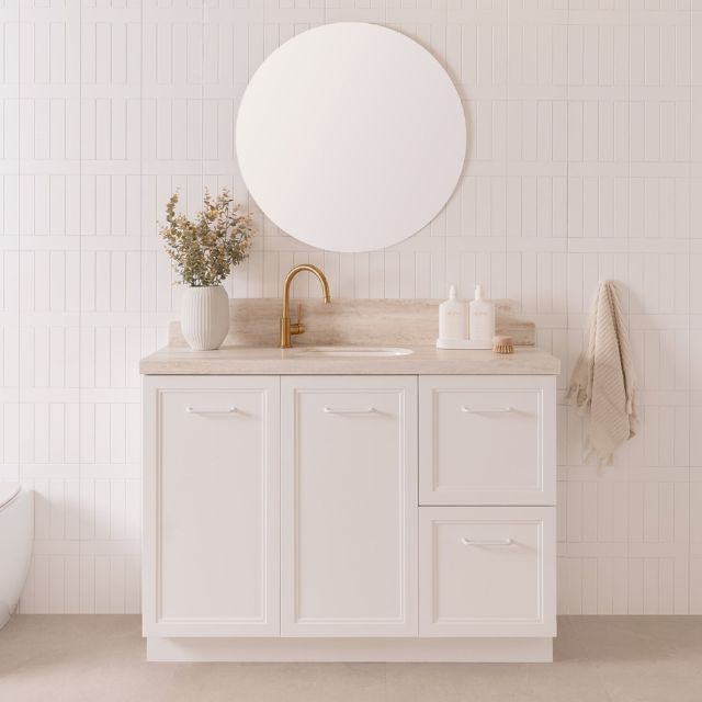 ADP Mabel floor standing ensuite vanity, matte white with timber-look benchtop, centre basin and round mirror