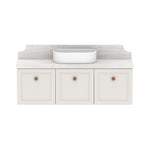 ADP Mabel wall hung vanity in soft white with Cherry Pie benchtop, shaker fronts and round white basin, front view