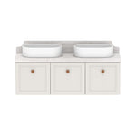 ADP Mabel wall hung ensuite vanity, white shaker fronts, Cherry Pie benchtop and splashback, with two oval basins shown