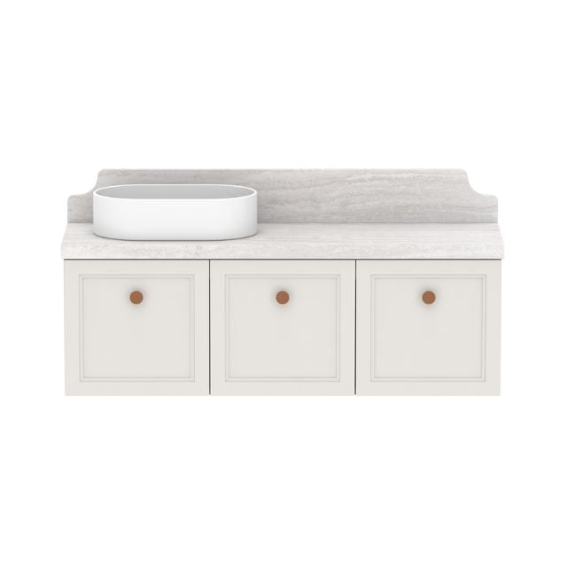 ADP Mabel wall hung ensuite vanity in white with light stone benchtop, 3-door front, round knobs and basin on left