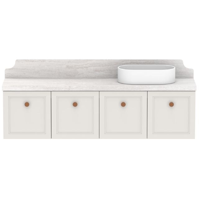 ADP Mabel wall hung ensuite vanity, white shaker front, Cherry Pie benchtop and matching splashback, 4-door with oval basin cutout
