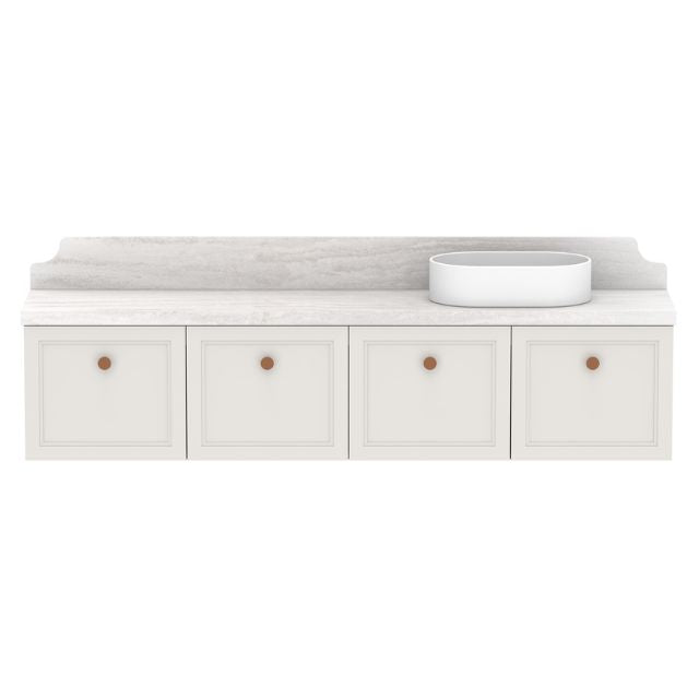 ADP Mabel wall hung vanity, white shaker 4-door with grey benchtop and matching splashback, single bowl, front view