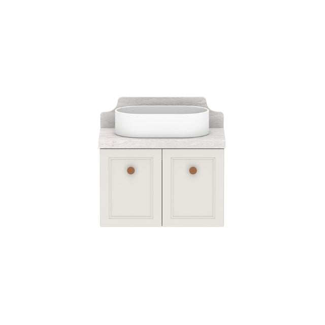 ADP Mabel wall hung ensuite vanity in white with Cherry Pie benchtop, centre basin and matching splashback
