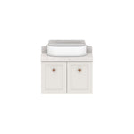 ADP Mabel wall hung ensuite vanity in white with Cherry Pie benchtop, centre basin and matching splashback