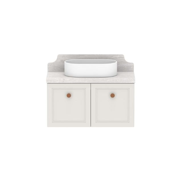 ADP Mabel wall hung ensuite vanity with light benchtop, white oval basin, double shaker doors and round handles