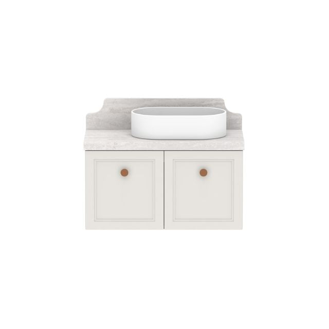 ADP Mabel wall hung ensuite vanity, white shaker doors, cherry pie benchtop, centre basin and matching splashback