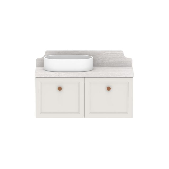 ADP Mabel wall hung ensuite vanity with Cherry Pie benchtop, white basin and cream shaker doors, front view