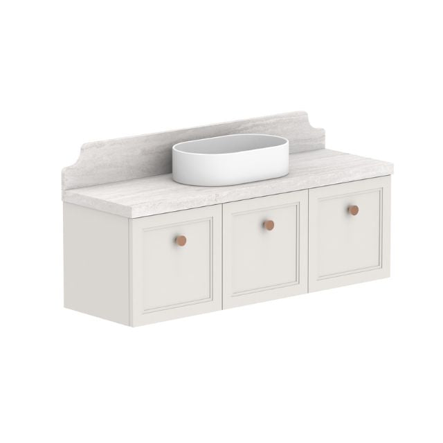 ADP Mabel wall hung ensuite vanity with light timber-look Durasein benchtop, white basin and three shaker-front doors