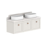 ADP Mabel wall hung ensuite vanity, white shaker-style cabinets with marble-look benchtop, double oval basins, front view