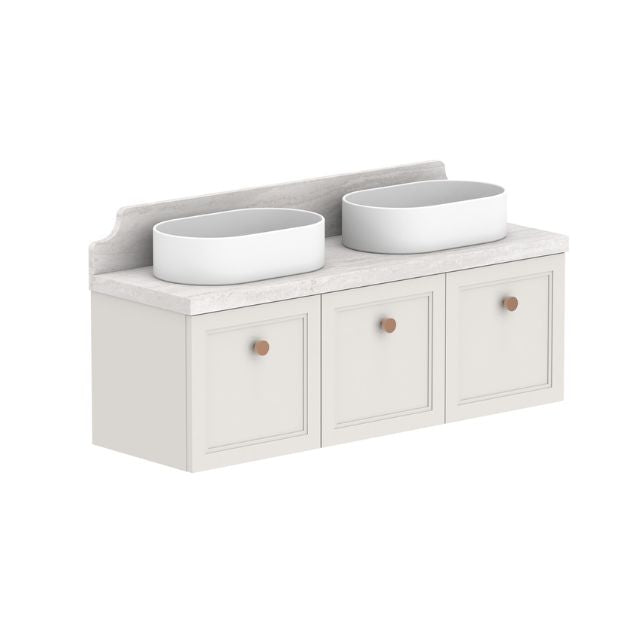 ADP Mabel wall hung ensuite vanity, white shaker-style cabinets with marble-look benchtop, double oval basins, front view