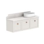 ADP Mabel wall hung vanity with pale Durasein benchtop, three shaker doors and round timber-look knobs, right basin view